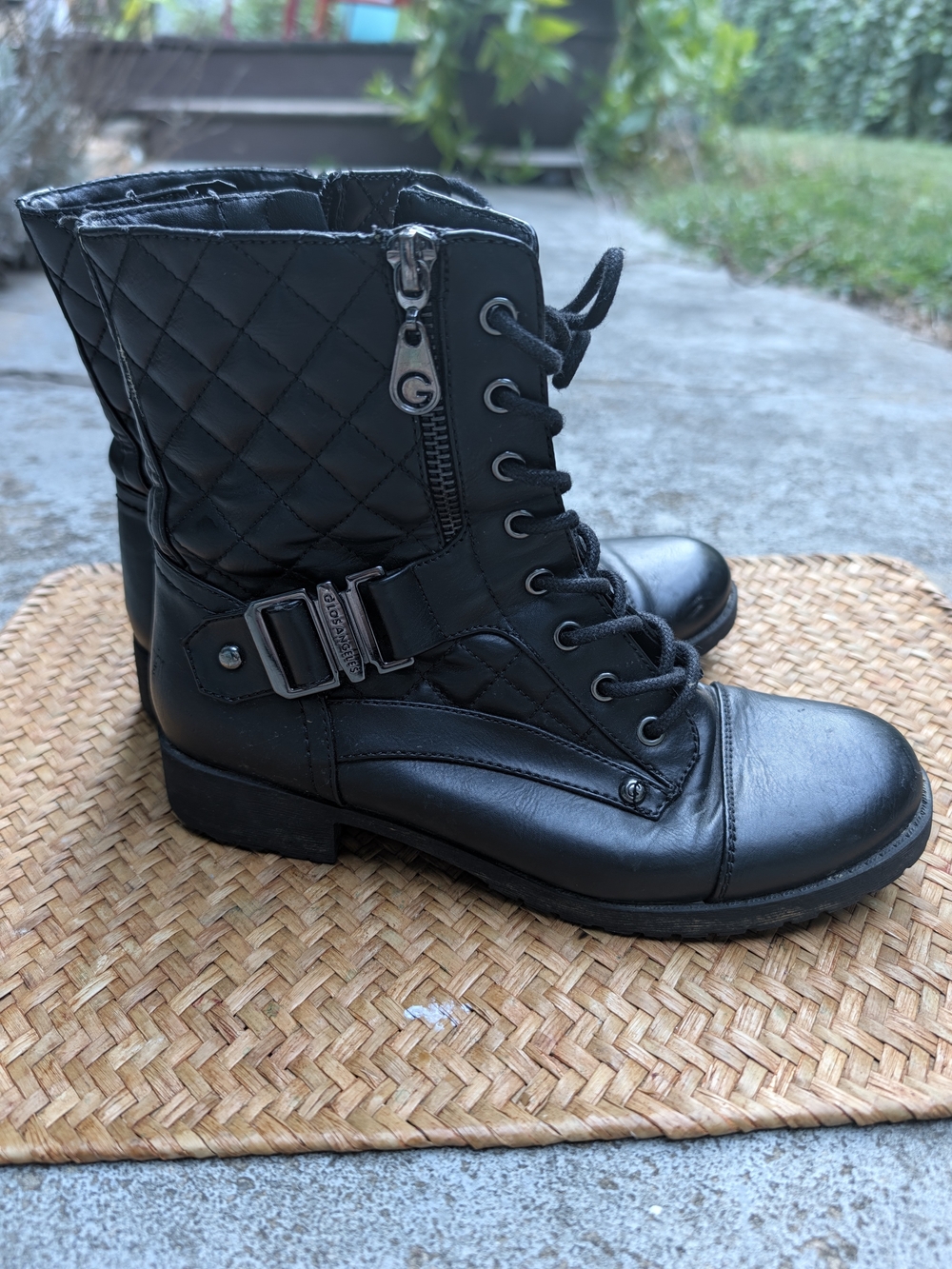 Black Quilted Lace-Up Combat Boots - Guess